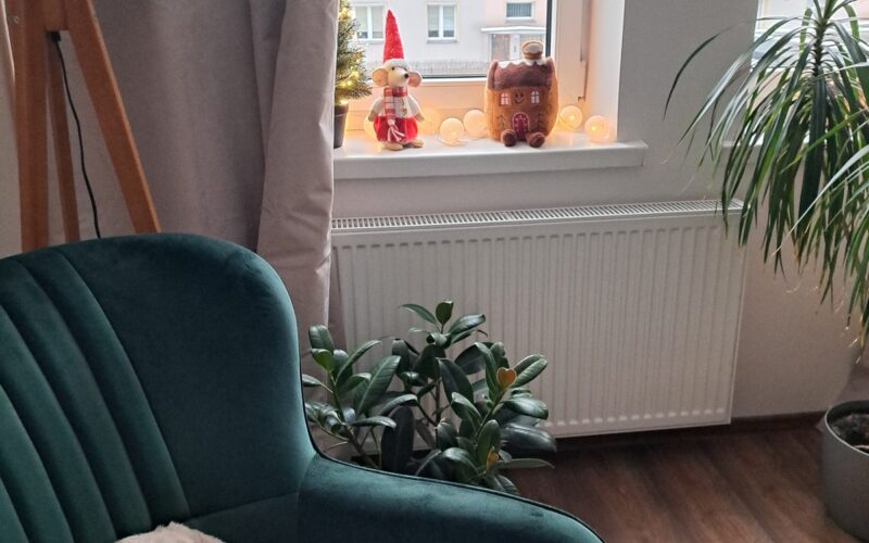 Zielony fotel z pluszowym misiem przy oknie